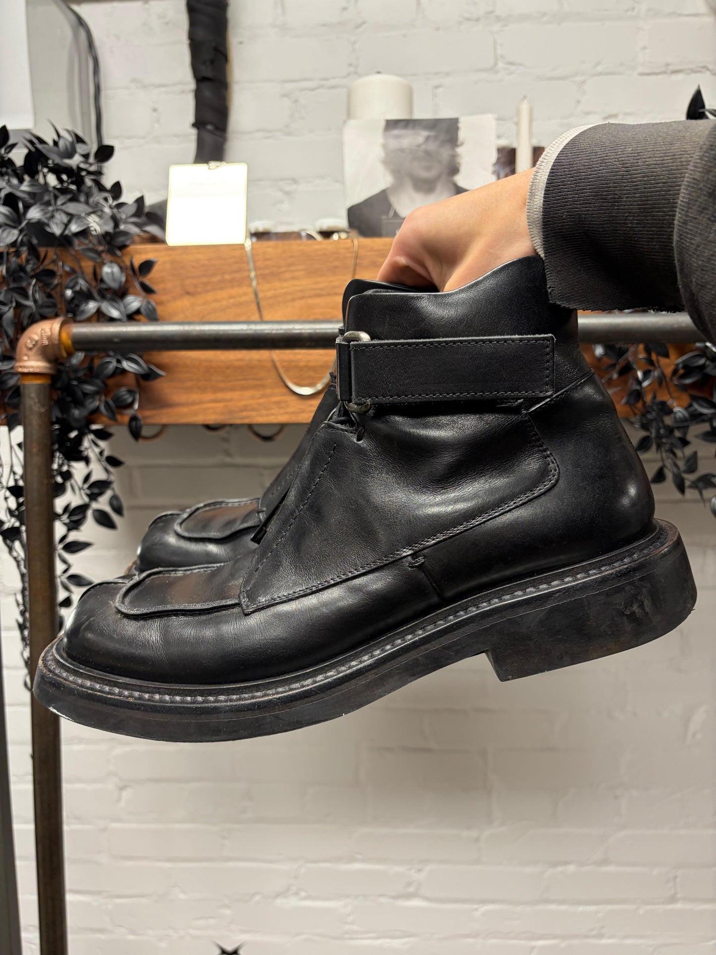 Prada Black Square Toe Black Leather Ankle Strap Boots