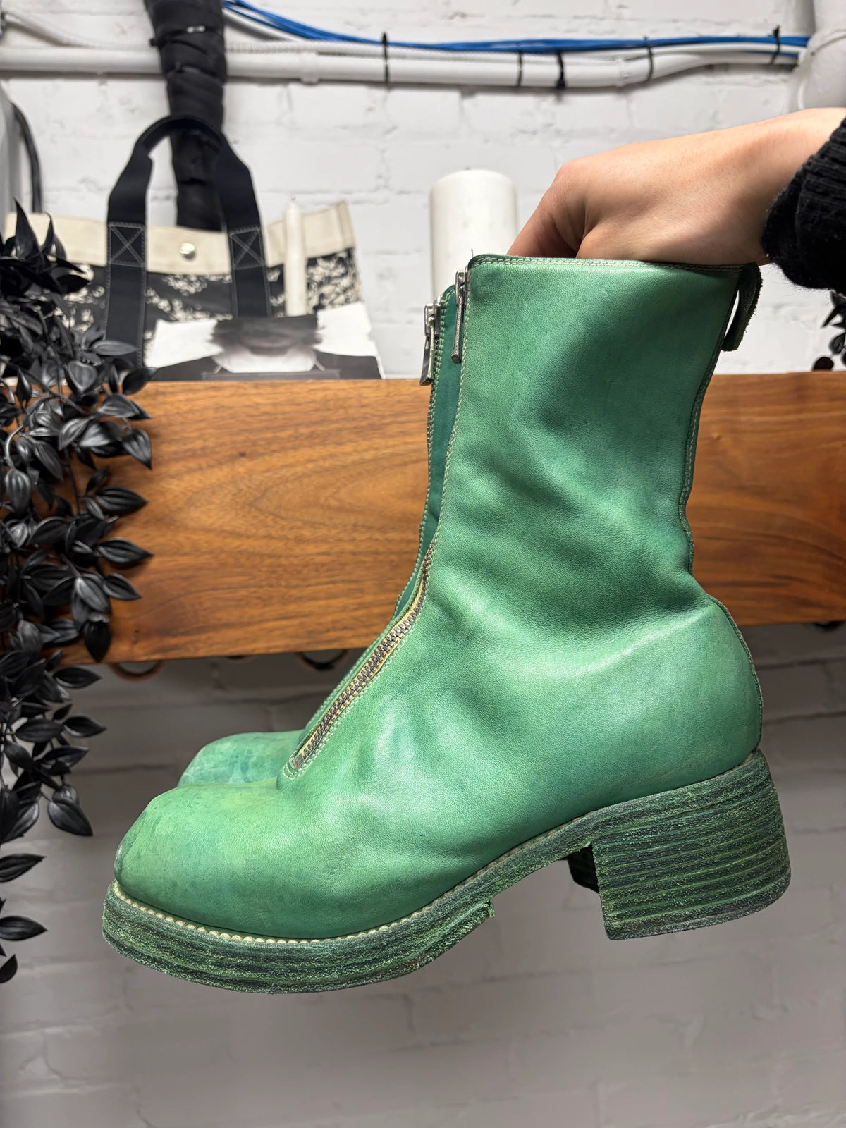 Guidi ‘PL2’ Horse Leather Front Zip ‘Corroded Green’ Low Heel Boots