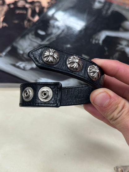 Chrome Hearts ‘Cross Ball’ Button Snap 925 Silver Leather Cuff Bracelet