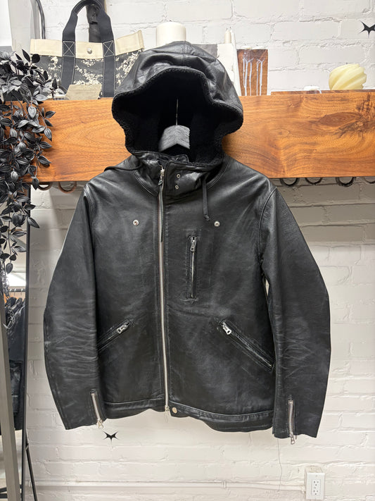 AW2010 Undercover Grained Black Calfskin Leather ‘Scuba’ Metal Wire Hooded Jacket