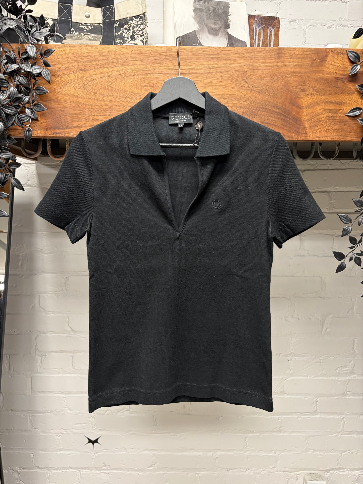 SS1997 Gucci by Tom Ford ‘V-Cut’ GG Embroidered Logo Black Ribbed Cotton Polo