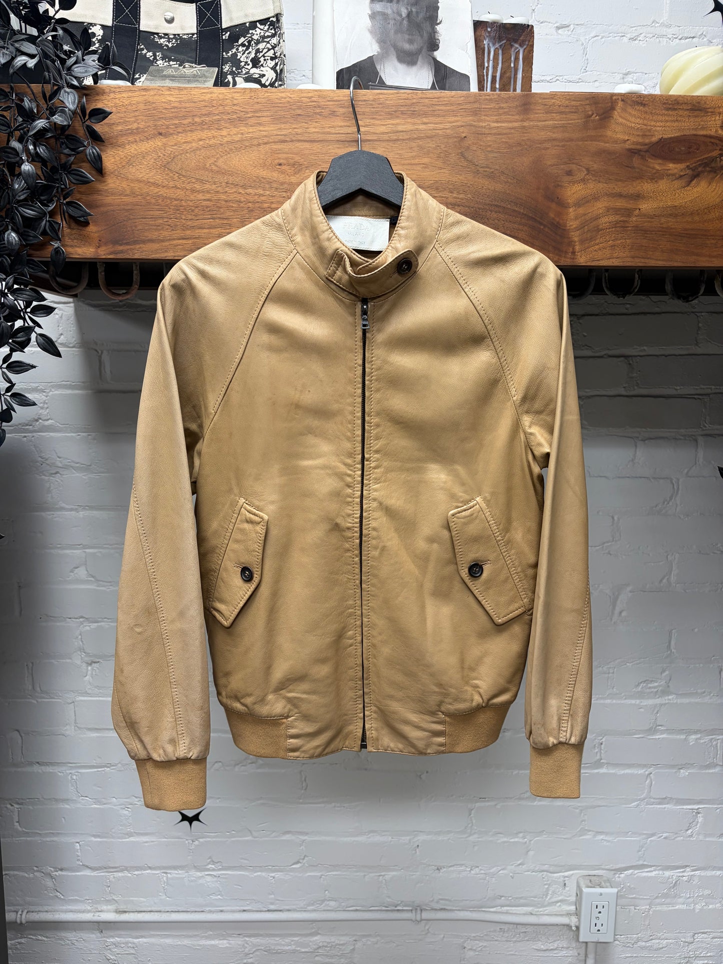 Prada Caramel Brown Lambskin Leather Moto Jacket
