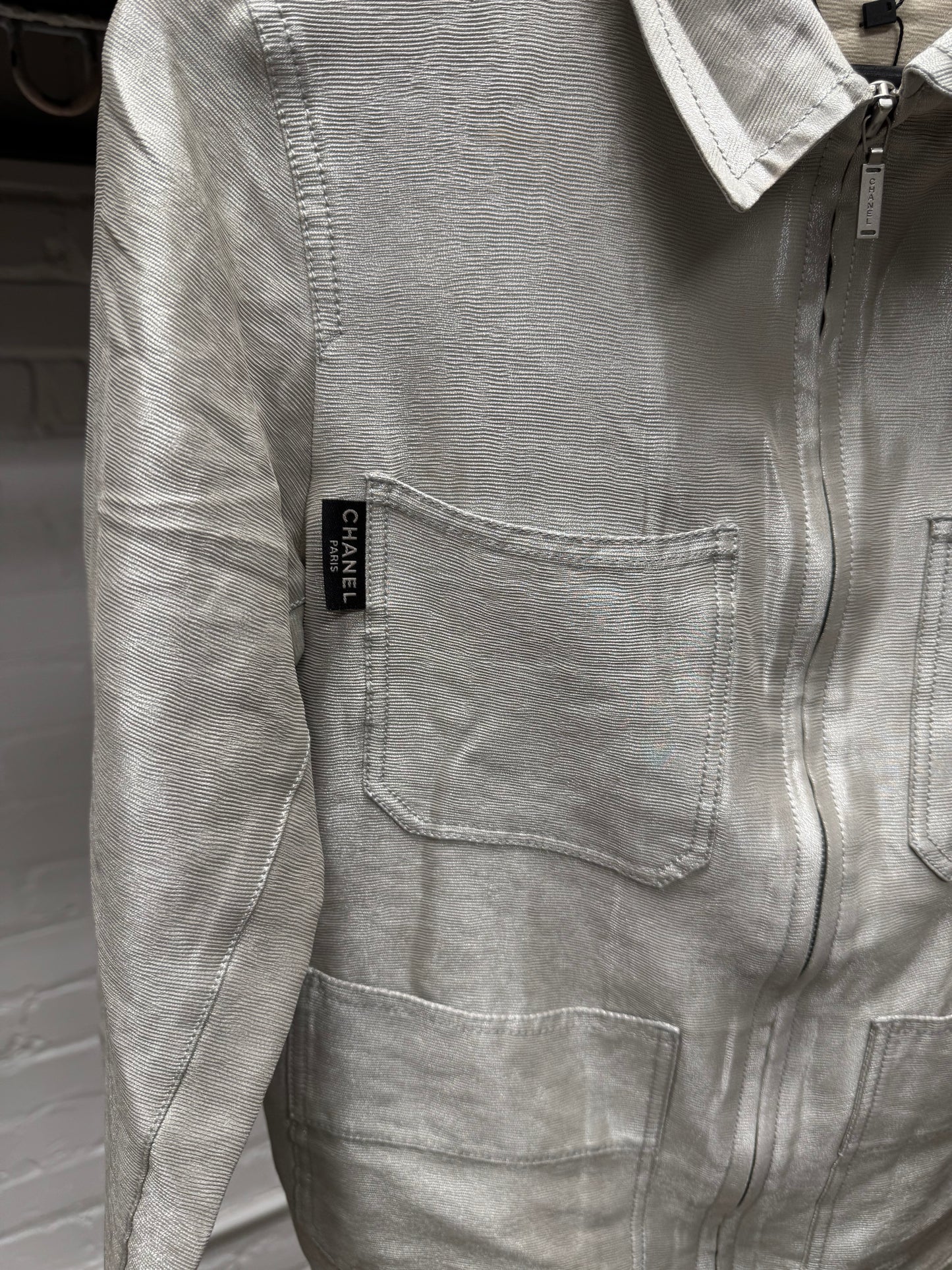 Vintage Chanel Metallic Silver Zip-Up Collared Jacket