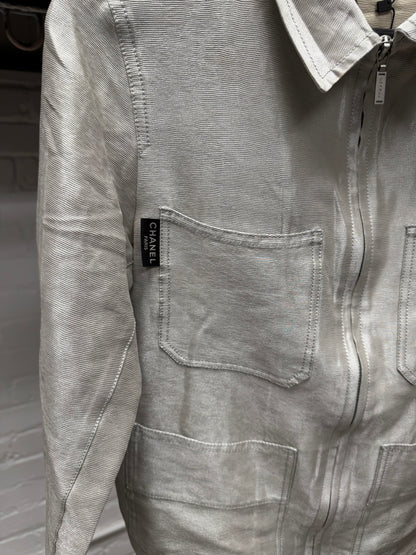 Vintage Chanel Metallic Silver Zip-Up Collared Jacket