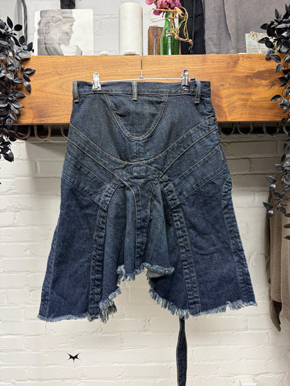 Rick Owens ‘Slab’ Dirt Washed Blue Denim Shorts with Fishtail Skirt