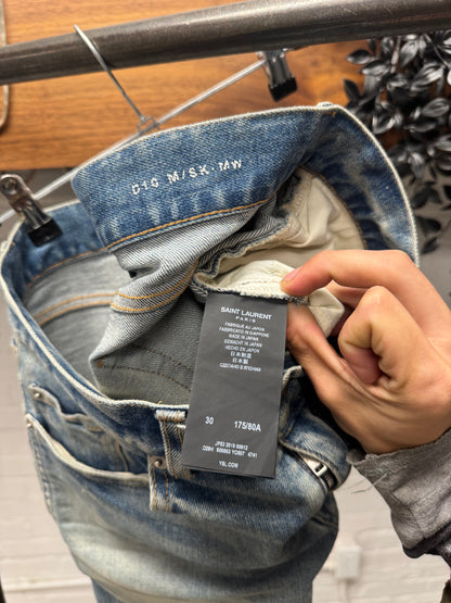 2019 Saint Laurent ‘D14’ Distressed Dirty Blue Washed Skinny Jeans