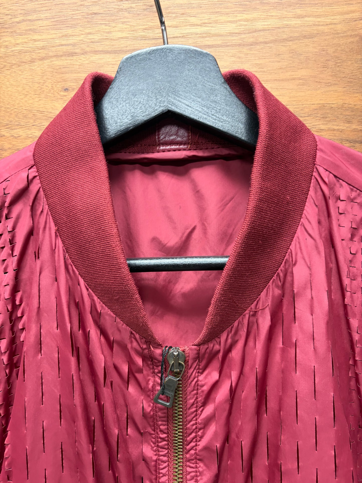 2014 Prada Peforated Red Nylon Zip-Up Bomber Jacket