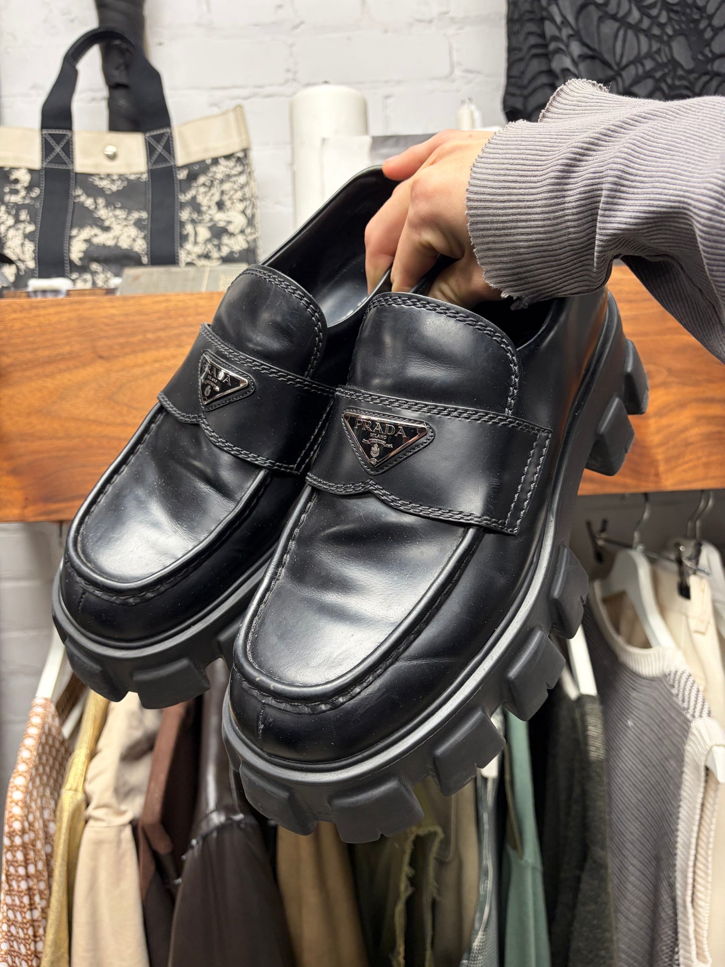 Prada ‘Monolith’ Black Leather Platform Sole Derbies
