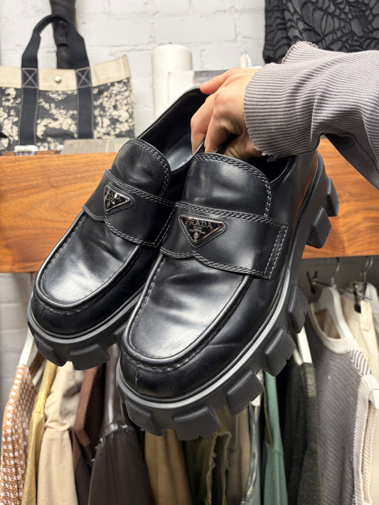 Prada ‘Monolith’ Black Leather Platform Sole Derbies