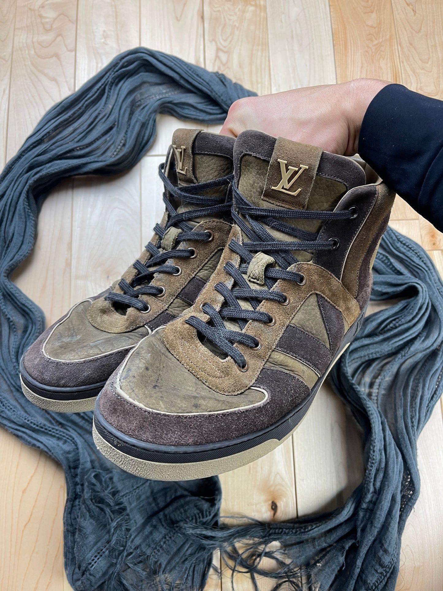 Louis Vuitton Brown Suede ‘Court’ High Top Sneakers