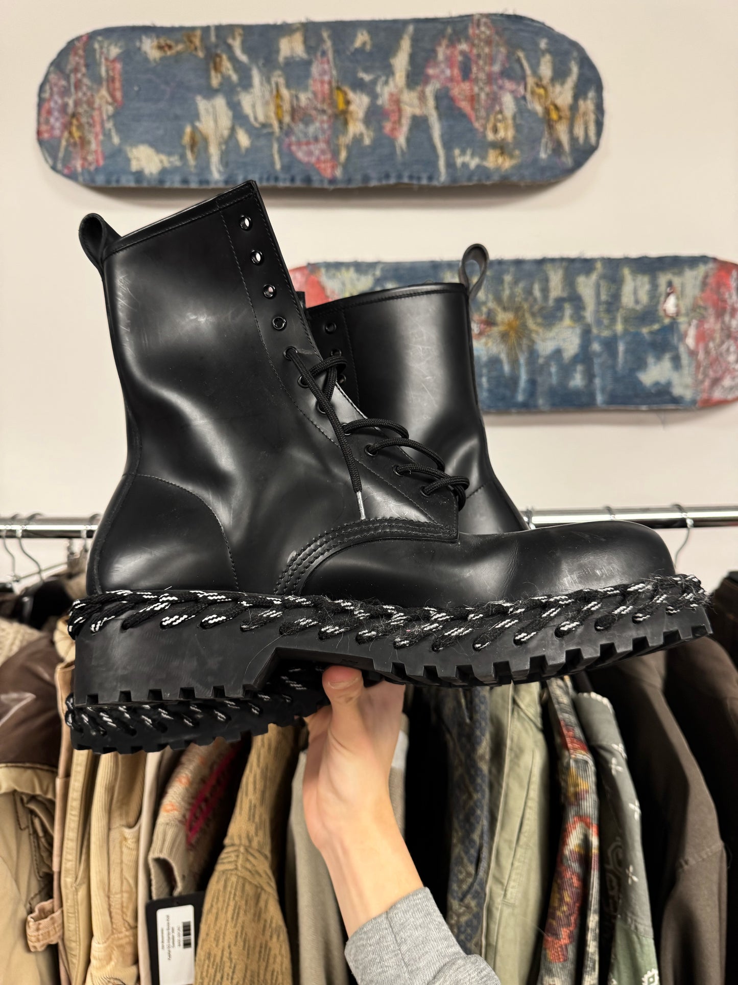 Balenciaga ‘Rope Lace’ Black Calfskin Leather Combat Boots