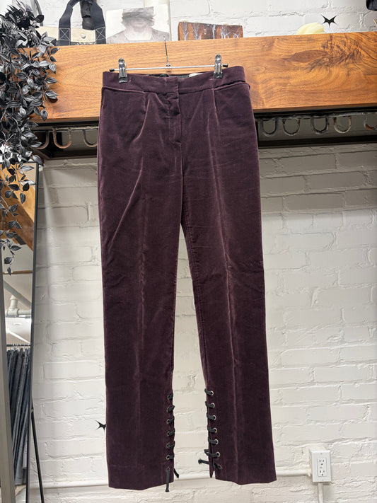 Yves Saint Laurent Rive Gauche Oxblood Red Lace Up Velour Trousers