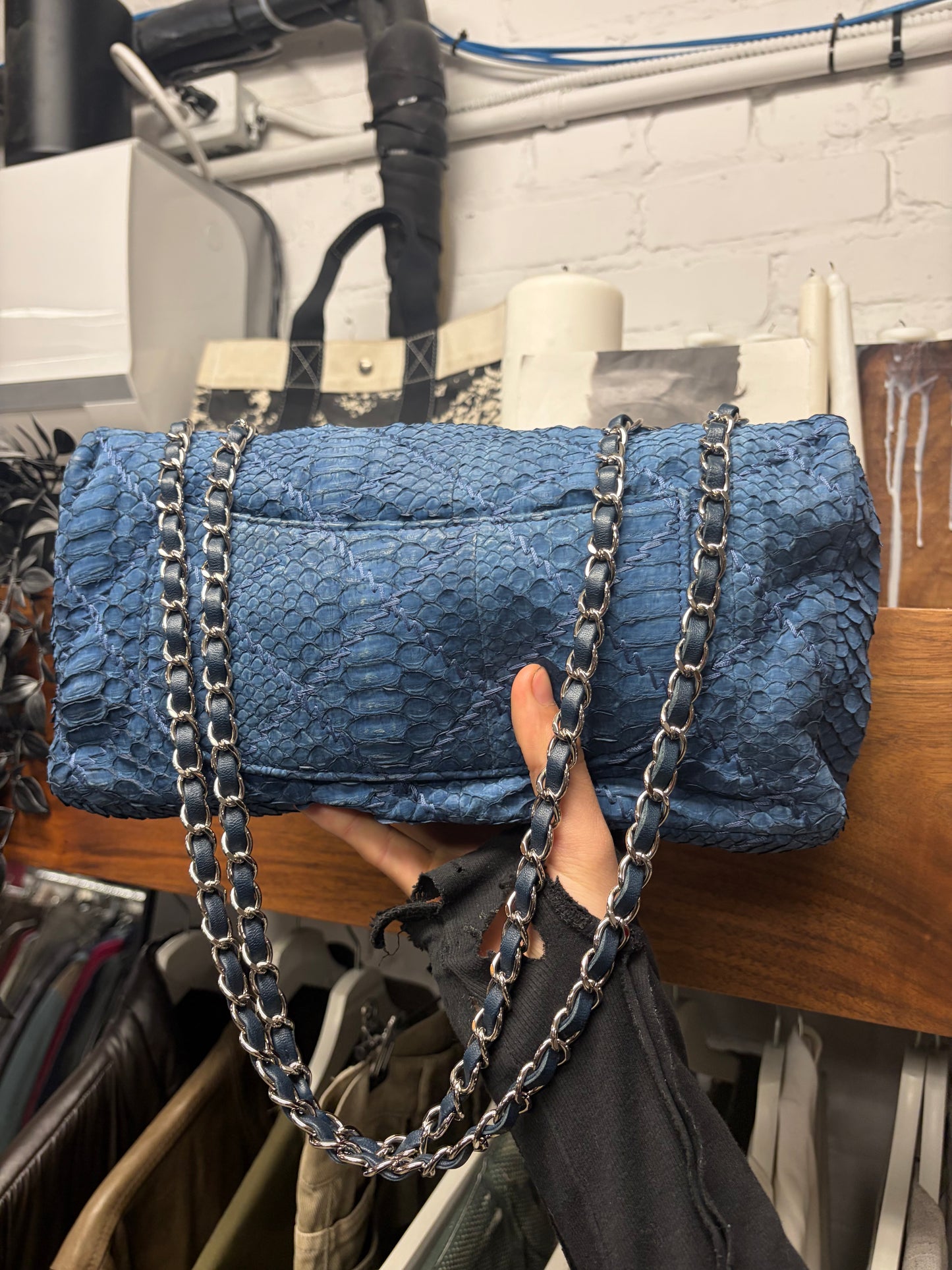 Chanel Blue Python Leather Classic ‘Flap Bag’ with Silver Hardware