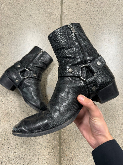 Saint Laurent Croc Print Black Leather Wyatt Harness Boots