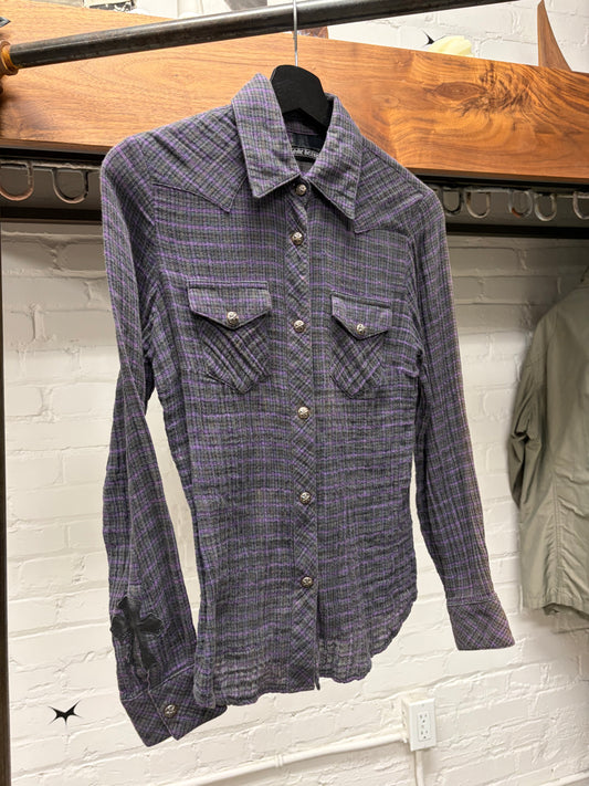Chrome Hearts Purple Cross Patch Fleur-Back Purple Plaid Flannel Shirt
