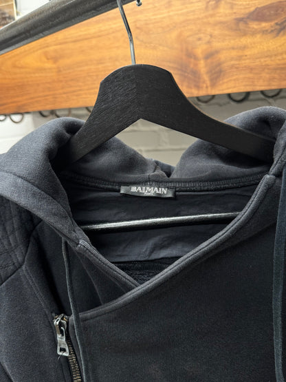 Balmain Quilted Black Cotton Asymmetric Zip-Up Hoodie