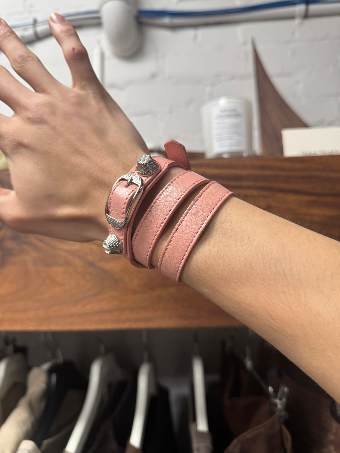 Balenciaga ‘Arena’ Pink Triple Wrap Leather Stud Bracelet