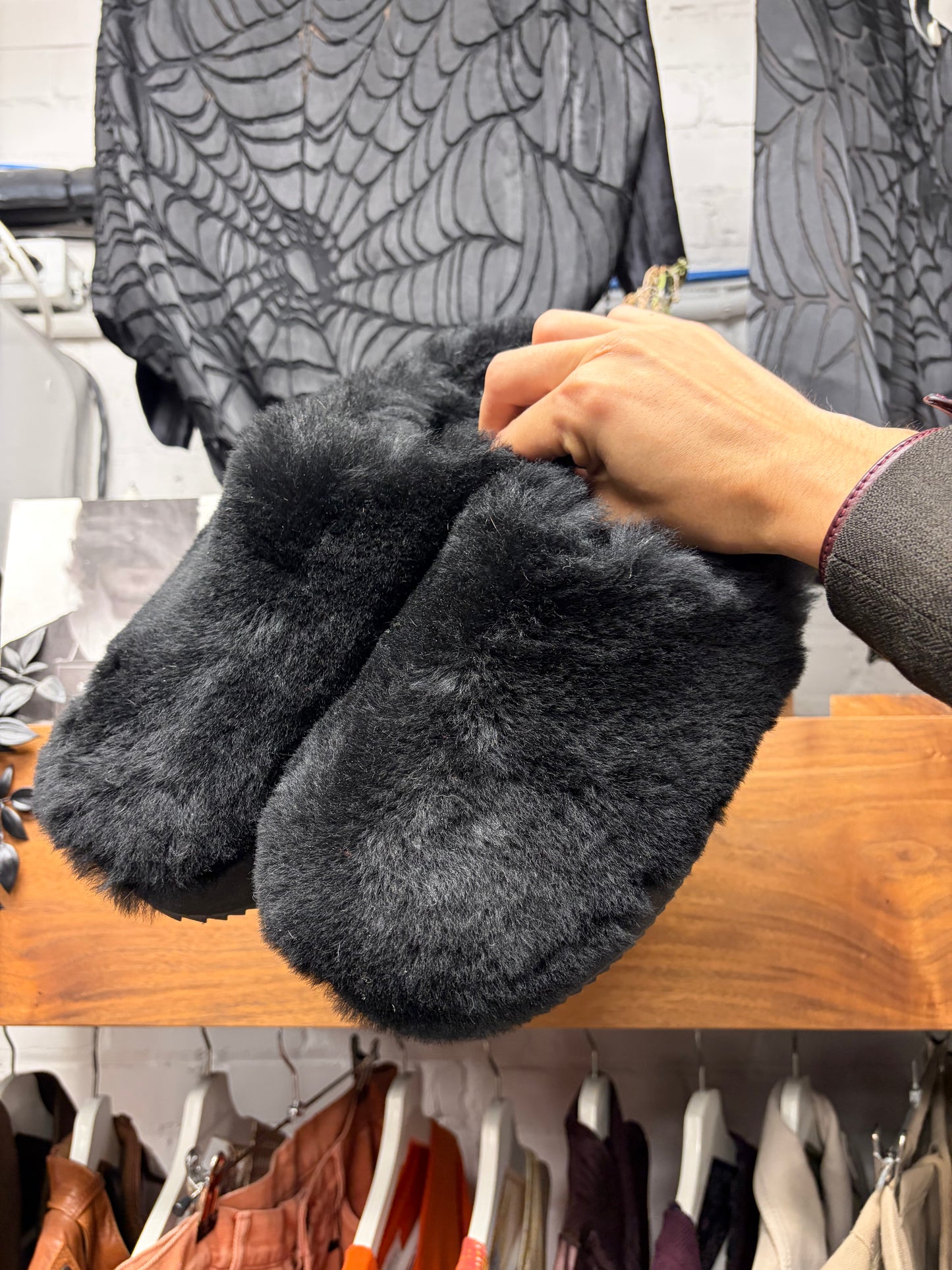 Dries Van Noten Black Shearling Fur Platform Sole Mules