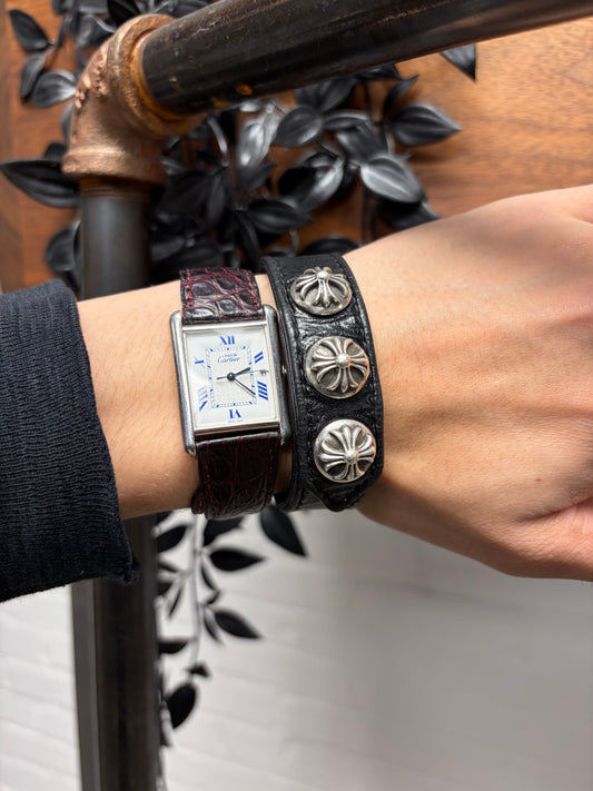 Chrome Hearts ‘Cross Ball’ Button Snap 925 Silver Leather Cuff Bracelet