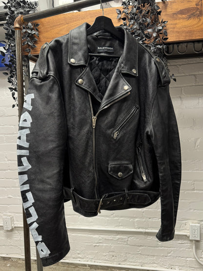 AW2017 Balenciaga ‘Graffiti’ Logo Black Leather Belted Biker Jacket