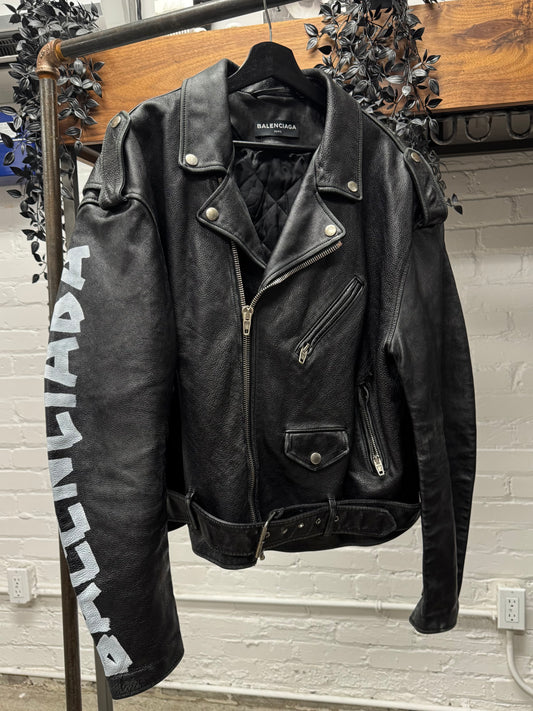 AW2017 Balenciaga ‘Graffiti’ Logo Black Leather Belted Biker Jacket