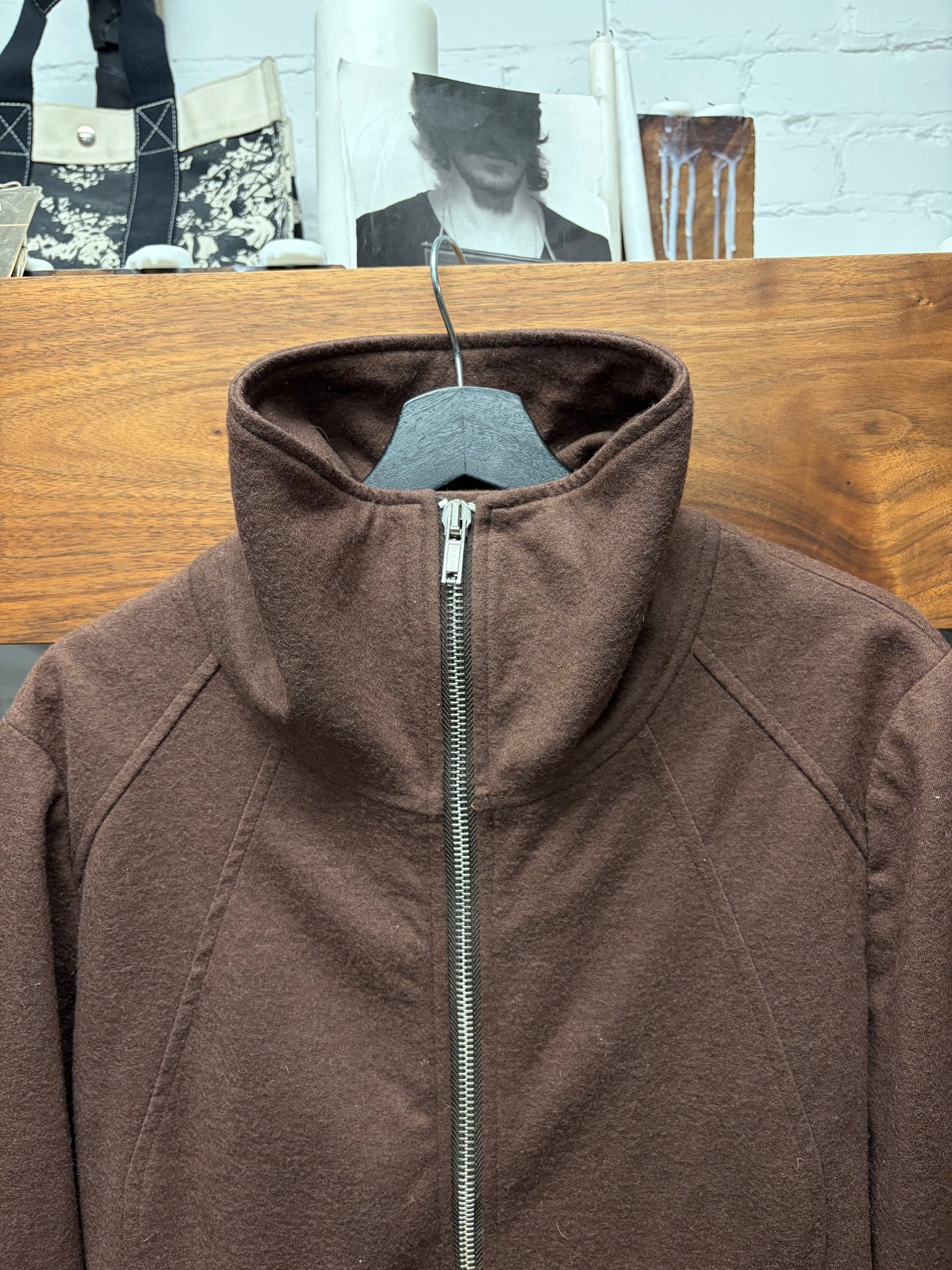 Rick Owens ‘Intarsia’ Dust Brown Wool High Neck Jacket