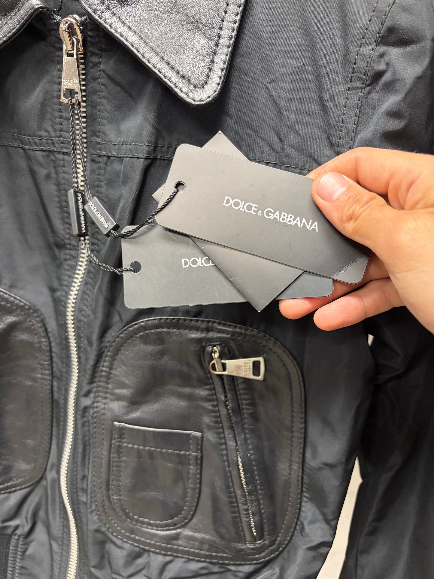 Dolce and Gabbana ‘Mainline’ Black Hybrid Shell Cropped Jacket with Lambskin Accents