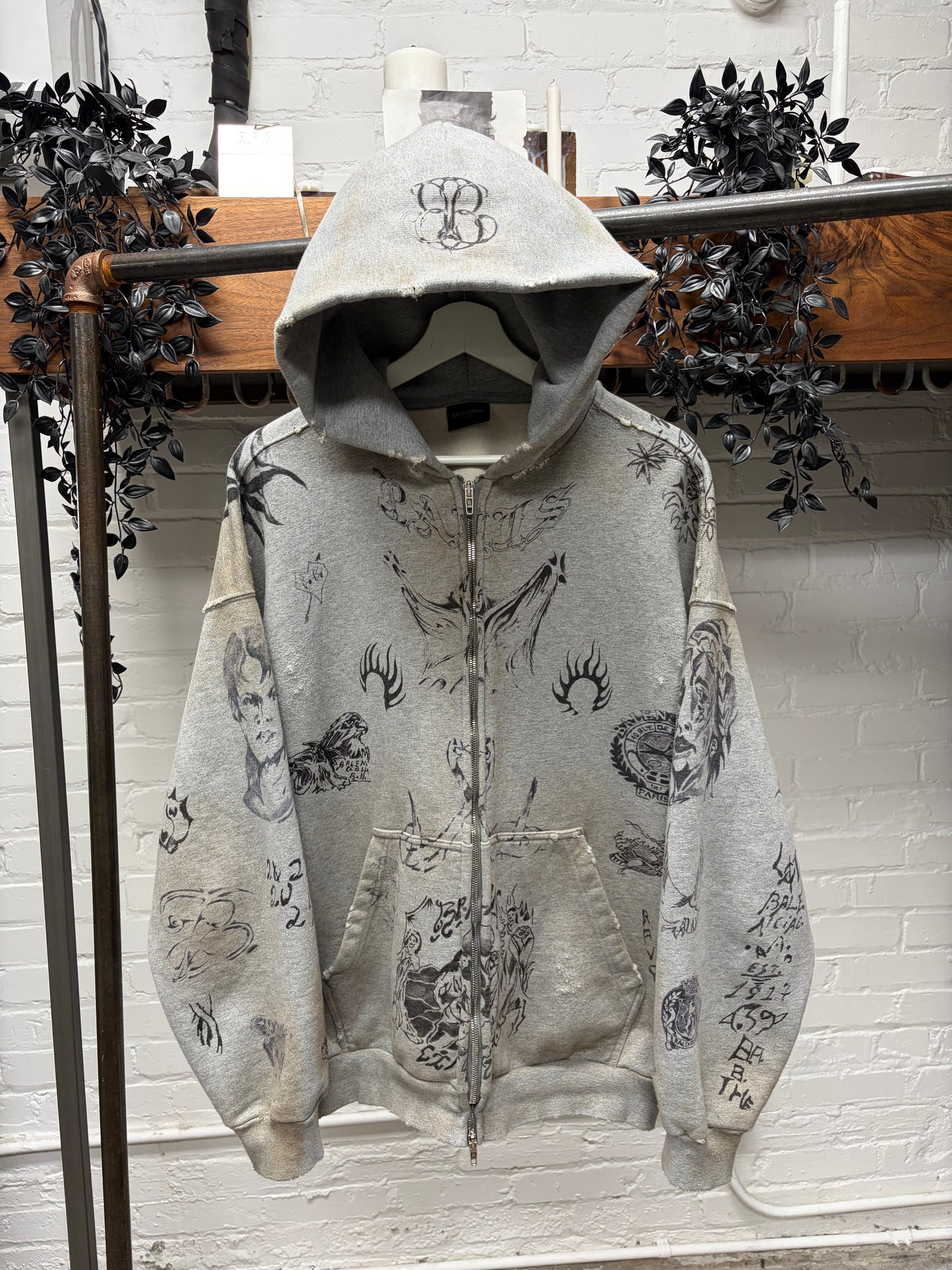 SS2024 Balenciaga ‘Tattoo’ Grey Zip Up Hoodie