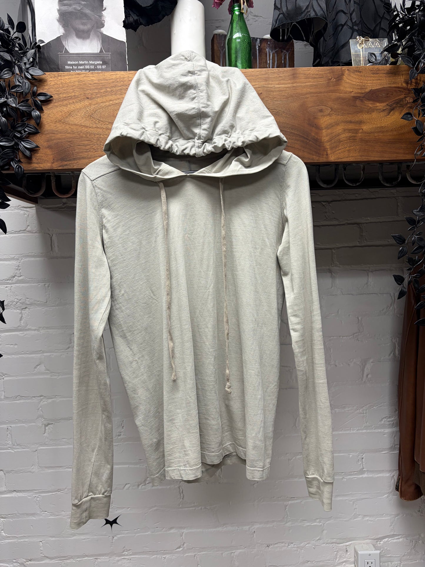 SS2019 Rick Owens ‘Babel’ Oyster Lightweight Cotton Drawstring Hoodie
