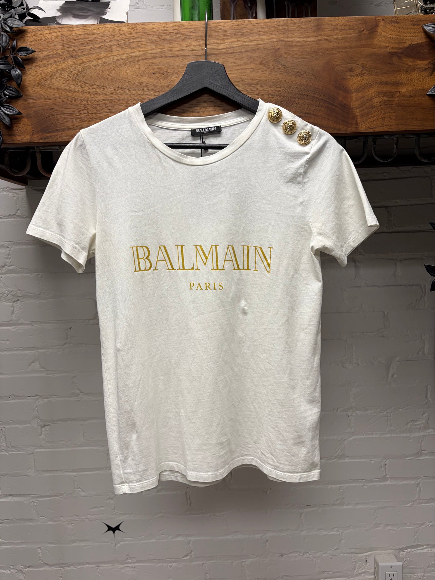 Balmain White/Gold Chest Logo Short Sleeve Shirt with Shoulder Button Detailing