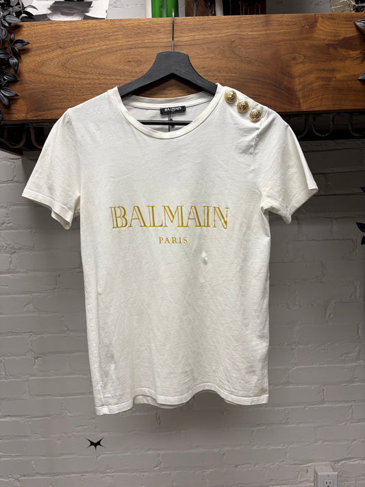 Balmain White/Gold Chest Logo Short Sleeve Shirt with Shoulder Button Detailing