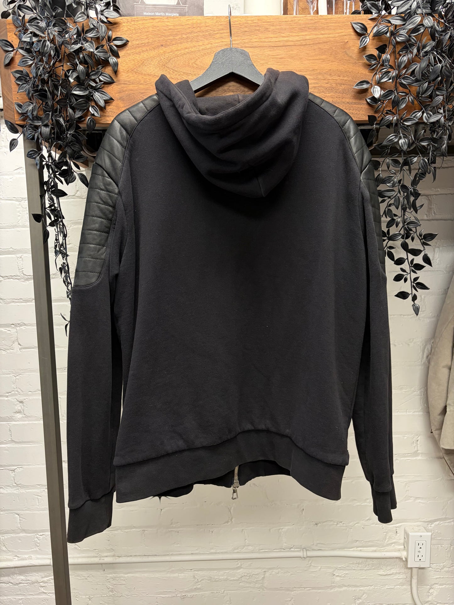 AW2015 Balmain x H&M Leather Moto Padded Black Biker Zip-Up Hoodie