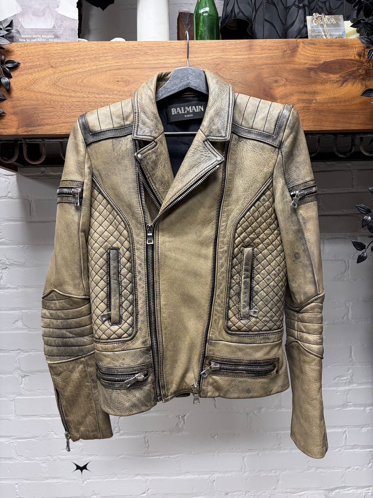 Balmain by Olivier Rousteig Brown Quilted Leather Biker Jacket