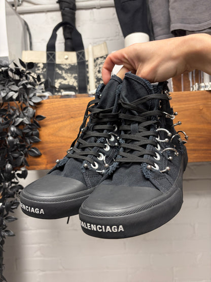 Balenciaga ‘Paris’ Pierced Black Canvas High Top Sneakers