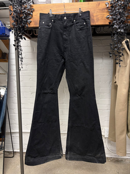 AW2023 Rick Owens ‘Luxor’ Black 16oz Japanese Denim ‘Bolans’ Flared Leg Jeans