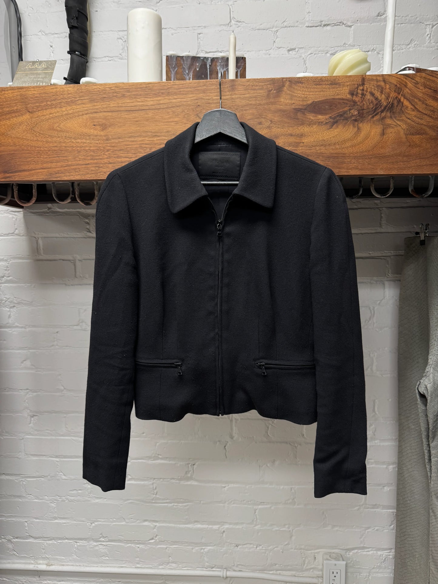 2000s Prada Wool Waistline Cropped Zip-Up Collared Jacket