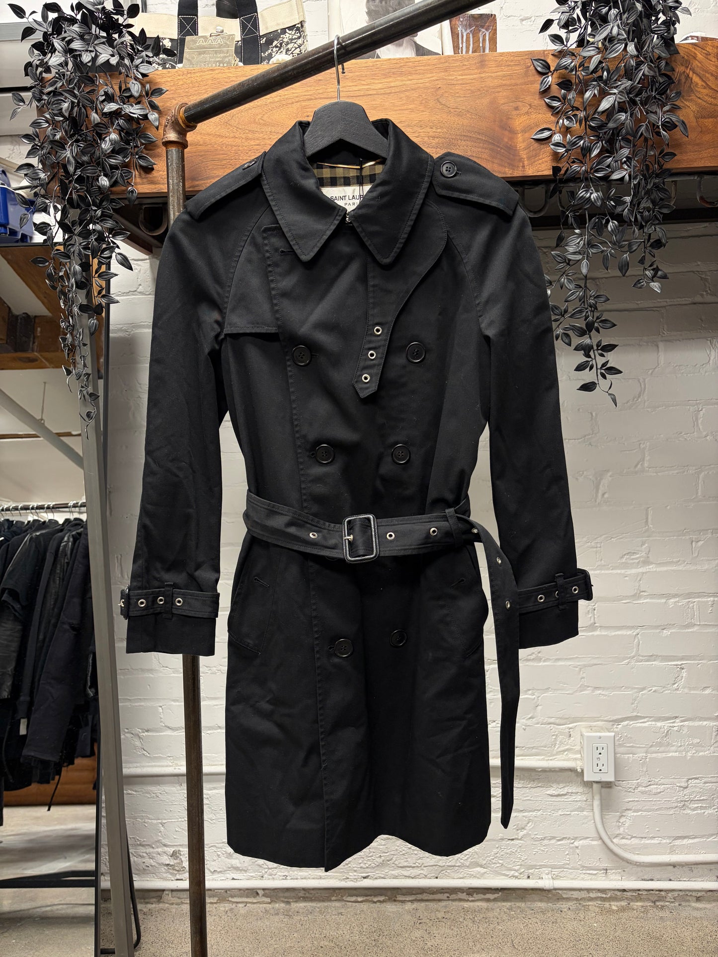 SS2013 Saint Laurent by Hedi Slimane Belted Black Trench Coat with Lined Interior