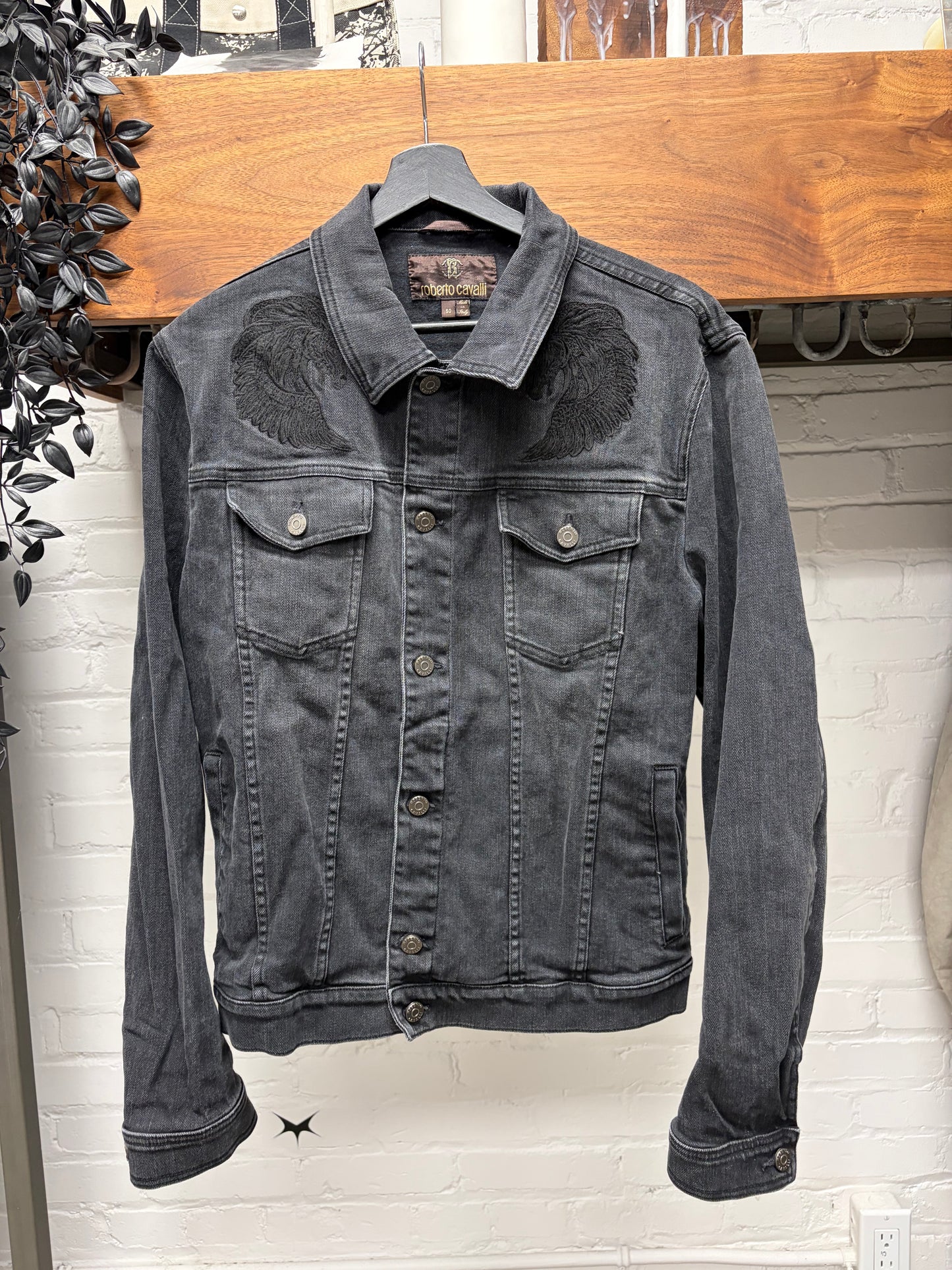 Roberto Cavalli Embroidered ‘Angel Wings’ Black Denim Trucker Jacket
