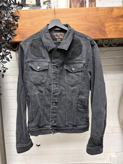 Roberto Cavalli Embroidered ‘Angel Wings’ Black Denim Trucker Jacket