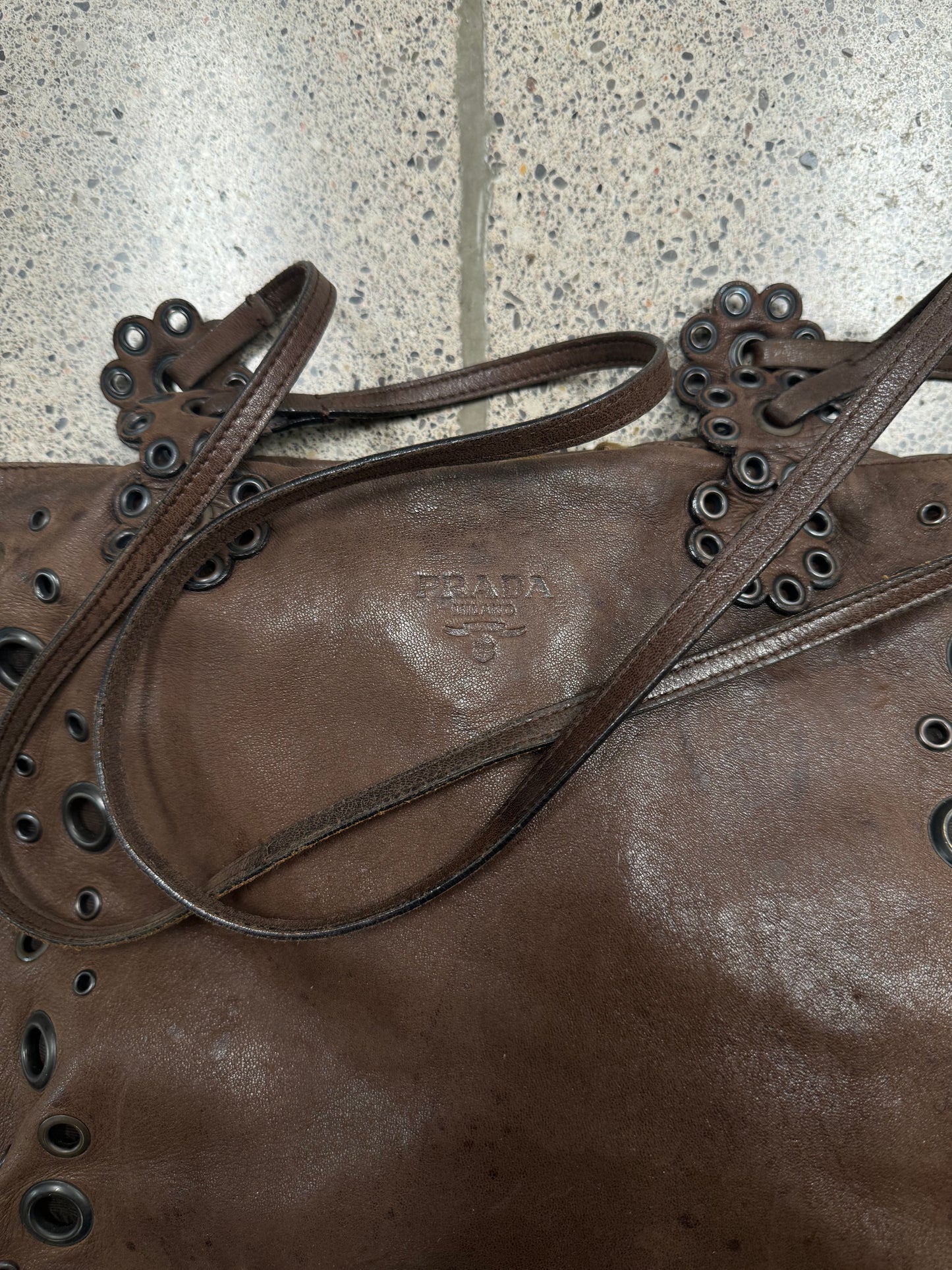 Prada Eyelet Studded Brown Leather Shoulder Bag