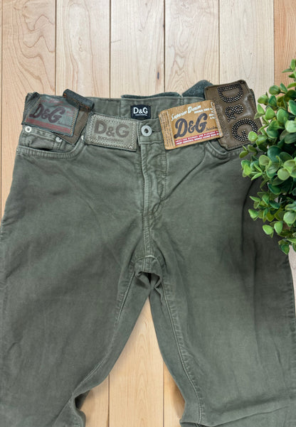 2000s Dolce & Gabbana Belt-Patch Military Green Flared Denim