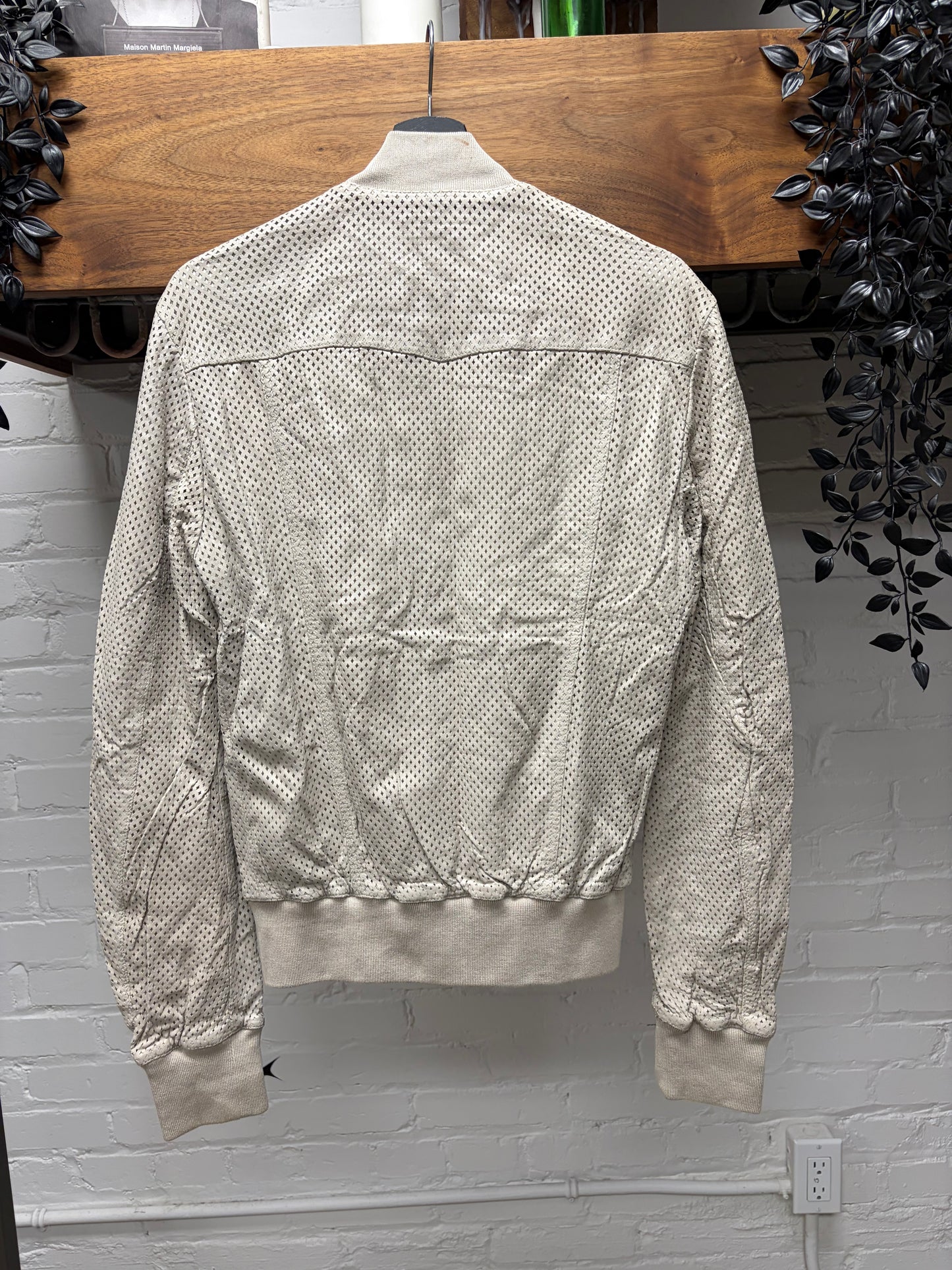 Dolce and Gabbana ‘Mainline’ Diamond Shape Perforated Cream Lambskin Leather Bomber Jacket
