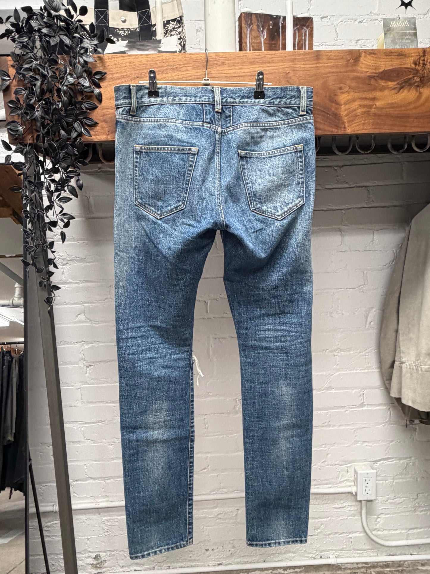 2015 Saint Laurent by Hedi Slimane Distressed Blue Skinny Jeans