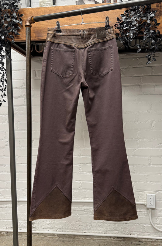 AW2001 Chanel ‘Leather Insert’ Low Rise Brown Flared Denim