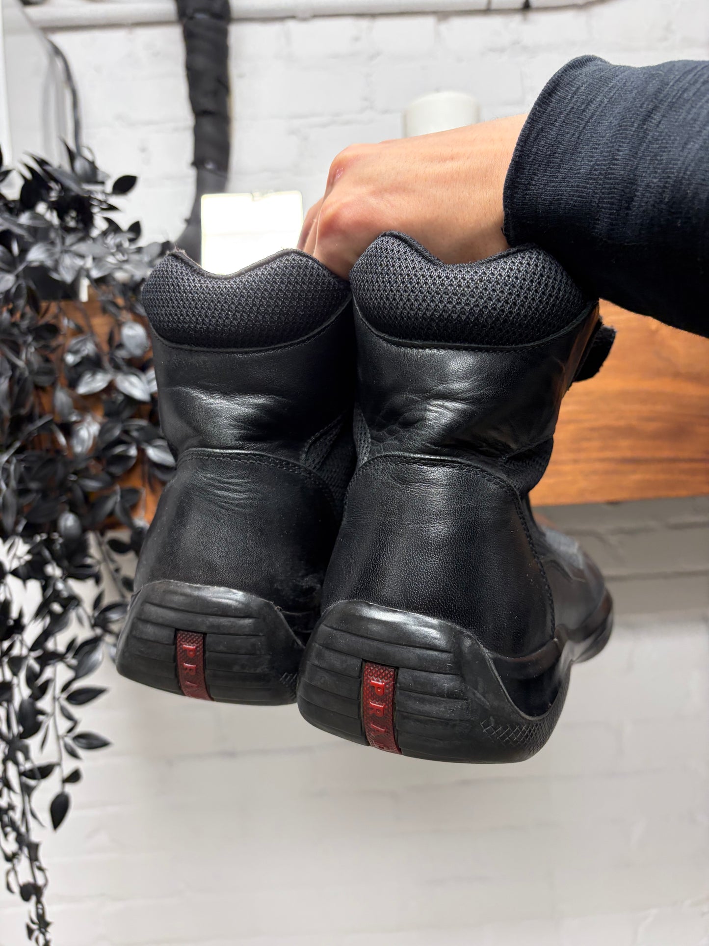 Early 2000s Prada Black Patent Leather ‘Americas Cup’ High Top Sneakers