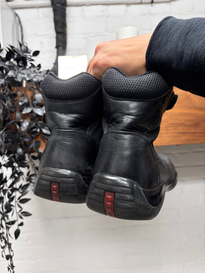 Early 2000s Prada Black Patent Leather ‘Americas Cup’ High Top Sneakers