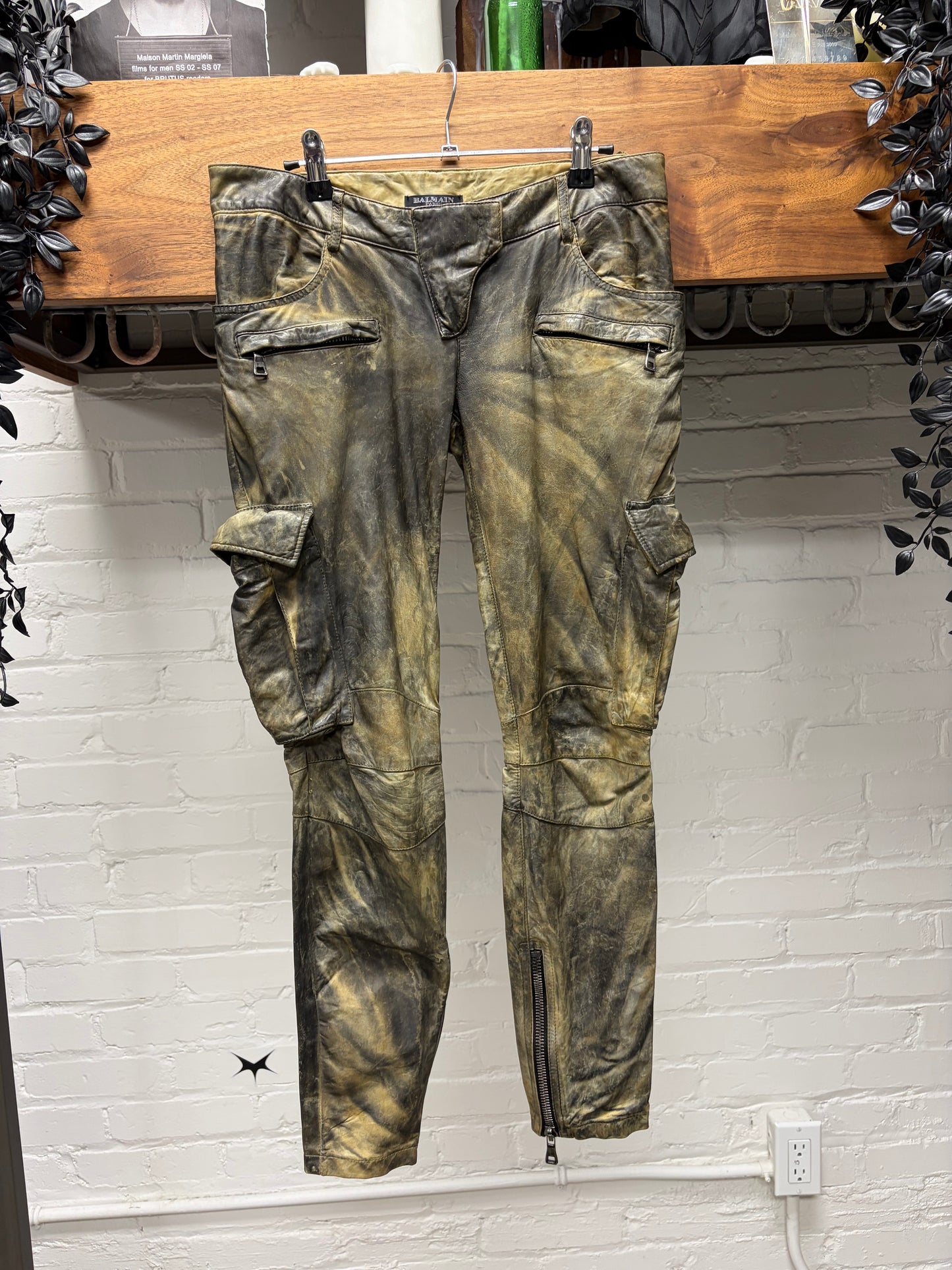 Balmain ‘Oil Spill’ Waxed Leather Biker-Knee Skinny Moto Pants