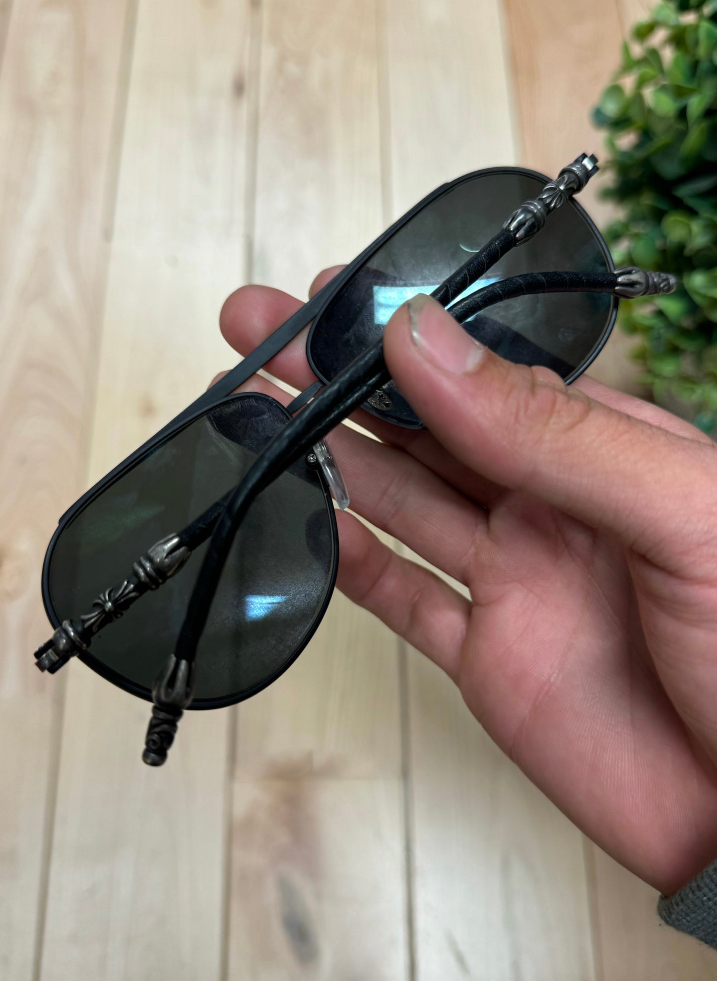 Chrome Hearts ‘Muncher’ Leather Handle 925 Cross Aviator Sunglasses