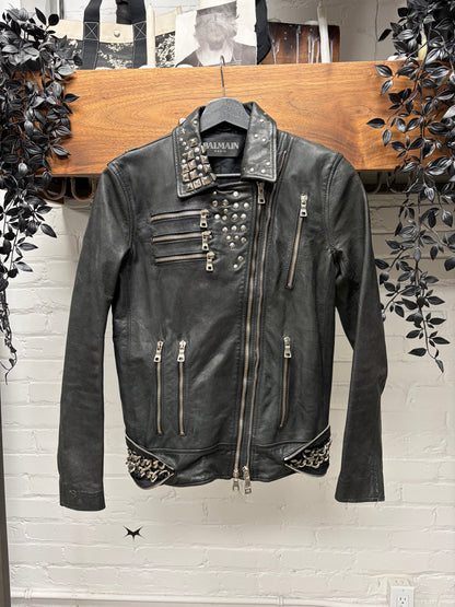 SS2011 Balmain by Christophe Decarnin Studded Goat Leather Biker Jacket with Chain Detailing