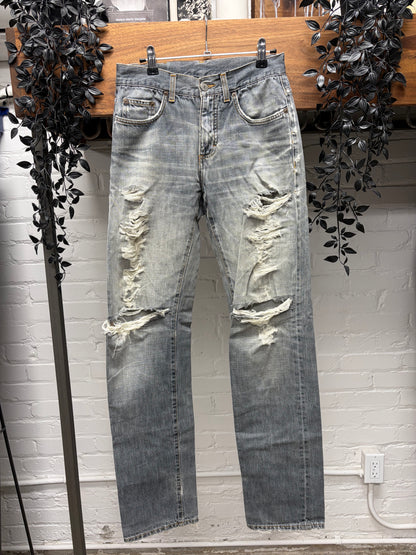 2000s Gucci Heavily Distressed Grey Washed Skinny Jeans